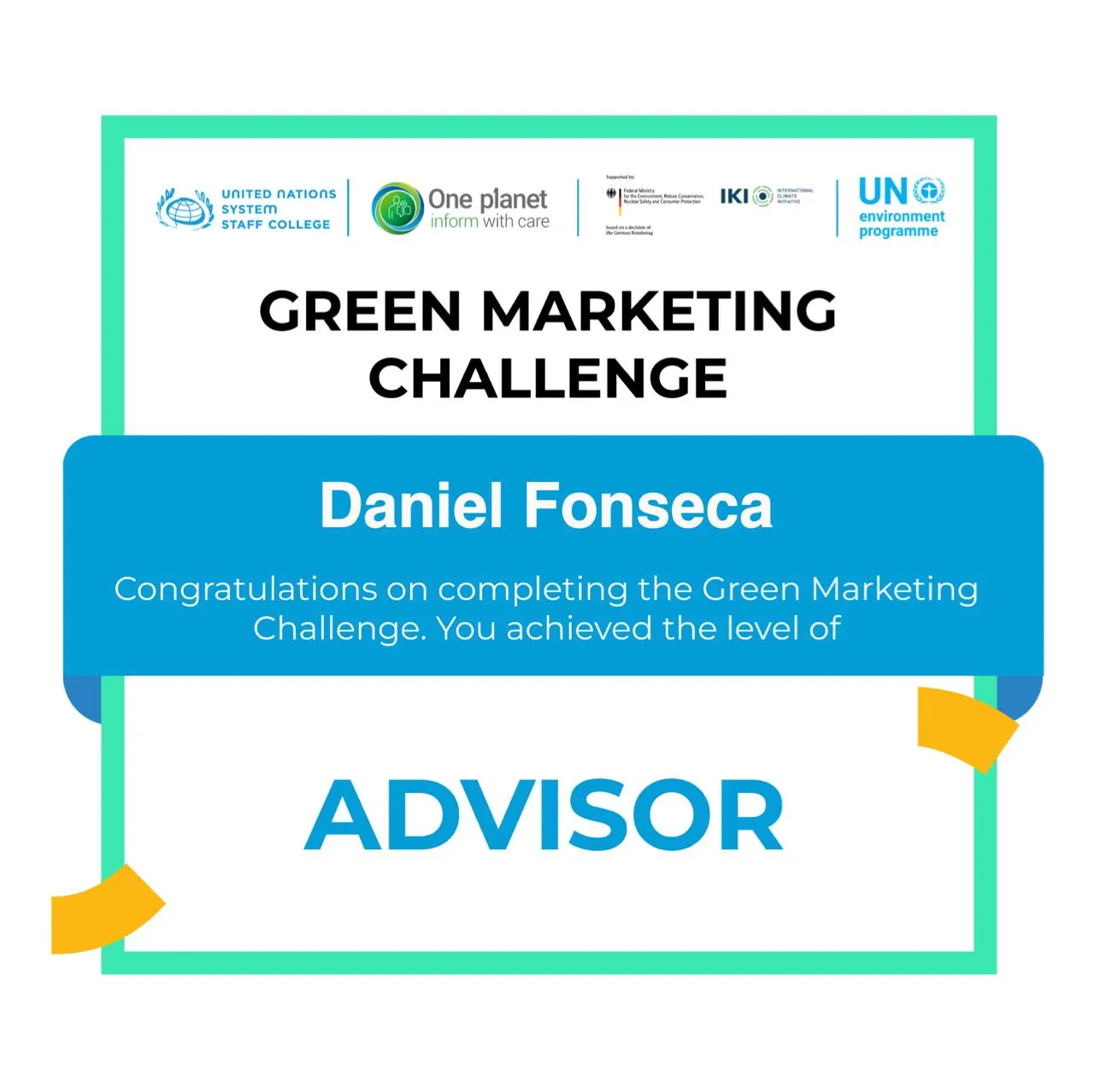 Certificado Green Marketing Challenge das Nações Unidas, nível Advisor, de Daniel Fonseca